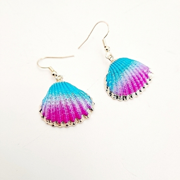 Gold statement earrings blue pink seashell boho mermaid beach tropical 💖2/$30 - Picture 10 of 13